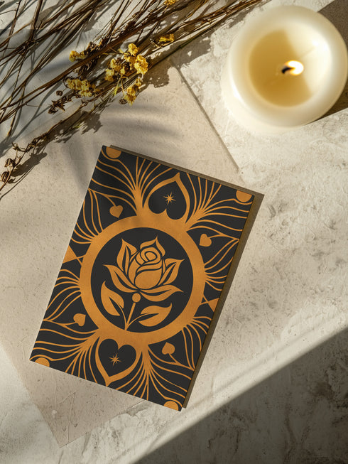 Luxury ritual card featuring golden Art Nouveau rose design on deep emerald background with heart motifs. Inside contains self-love and romance rituals. Perfect for Valentine's Day or personal spiritual practice.